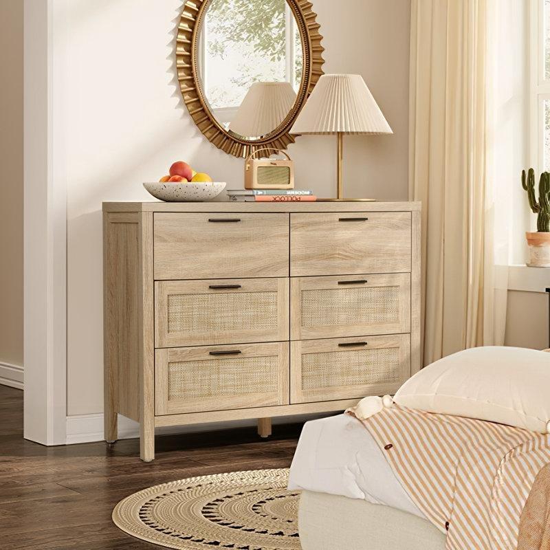 Doğal Meşe Rattan Yüzeyli 6 Çekmeceli Bohem Şifonyer - 108 cm - 181875