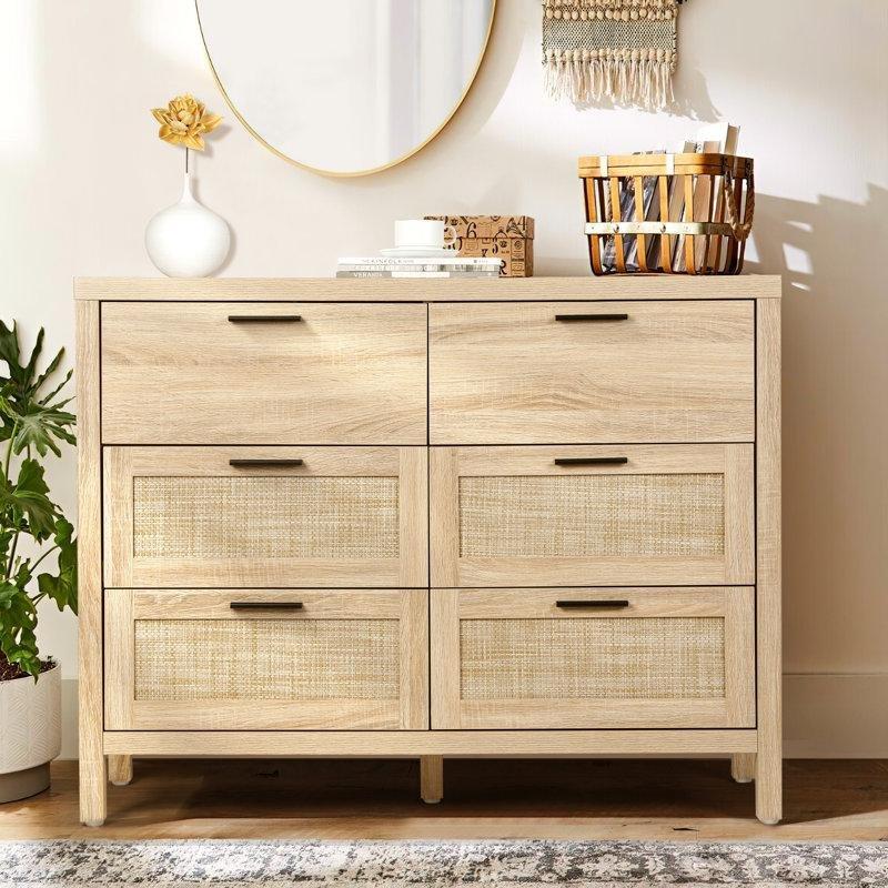 Doğal Meşe Rattan Yüzeyli 6 Çekmeceli Bohem Şifonyer - 108 cm - 181875