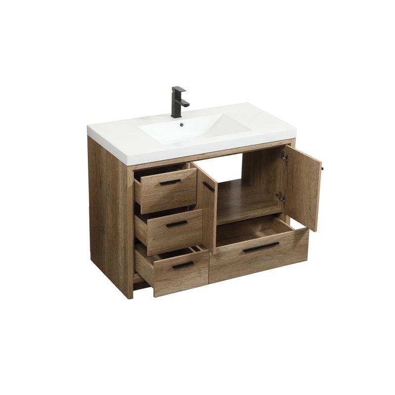 Doğal Meşe Rengi MDF Yavaş Kapanır Çekmeceli Reçine Tezgahlı Banyo Lavabo Dolabı - 107 cm - 198555