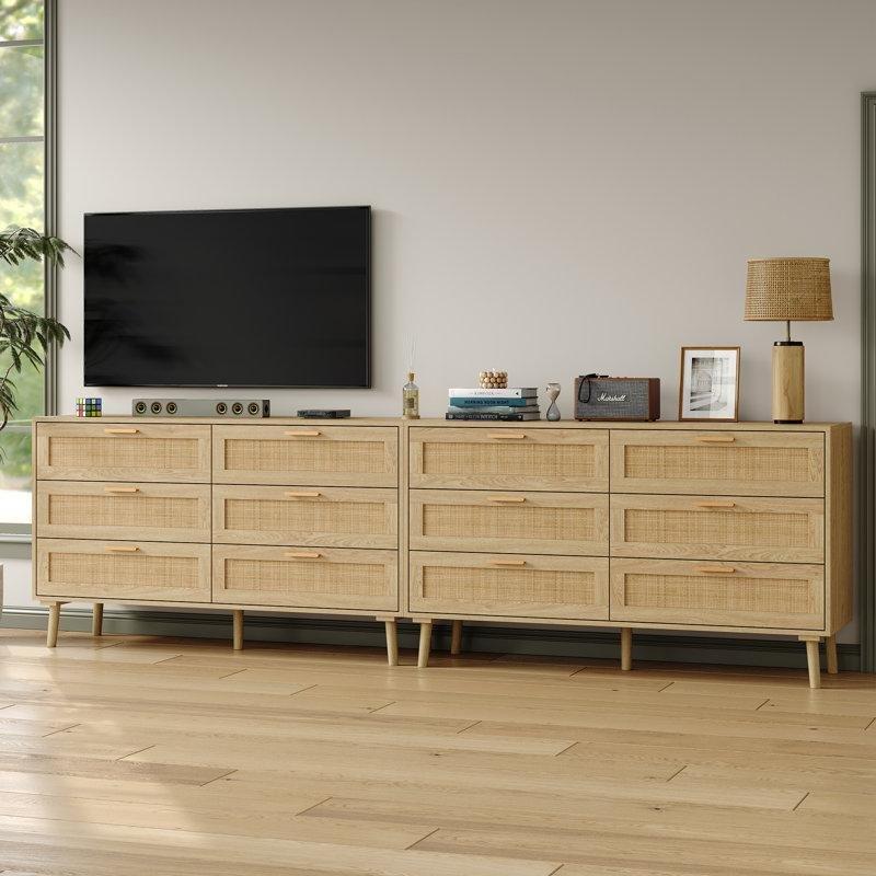 Doğal Rattan Ahşap Ayaklı 6 Çekmeceli Gold Kulplu Bohem Şifonyer - 120 cm - 182038
