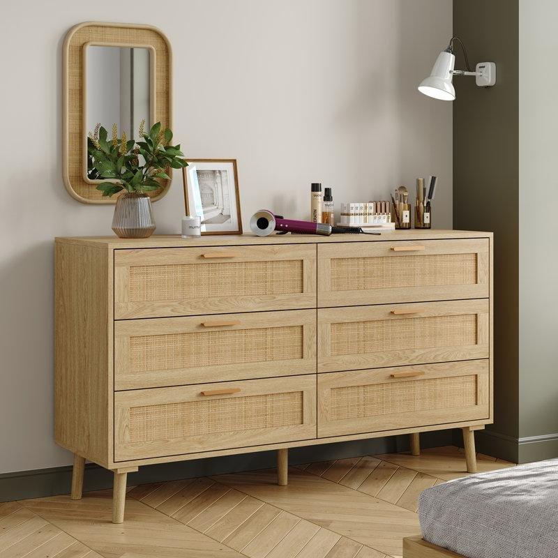 Doğal Rattan Ahşap Ayaklı 6 Çekmeceli Gold Kulplu Bohem Şifonyer - 120 cm - 182038