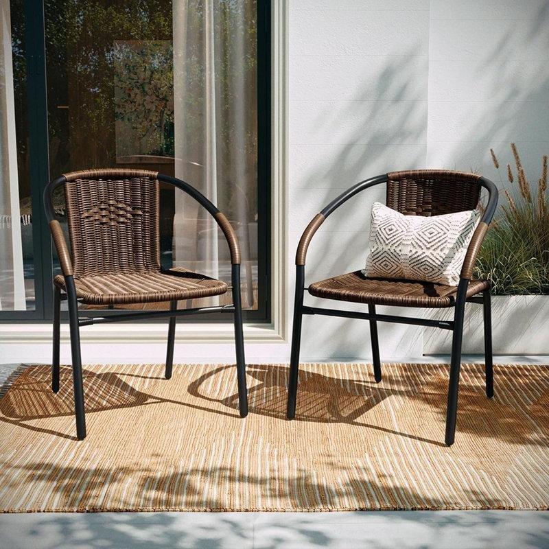 Doğal Rattan Çelik İskeletli İstiflenebilir Kollu Bahçe Sandalyesi 2li Set - 174841