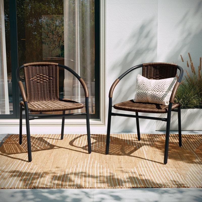 Doğal Rattan Çelik İskeletli İstiflenebilir Kollu Bahçe Sandalyesi 2li Set - 174841