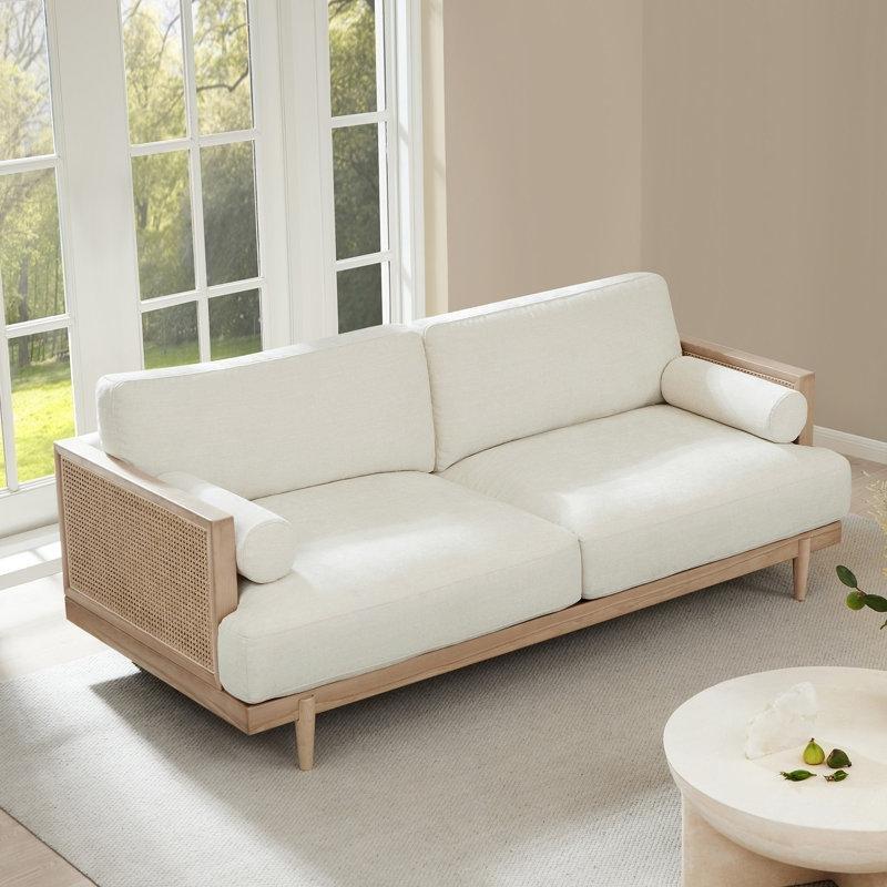 Doğal Rattan Panelli Masif Dişbudak Ağacı Keten Koltuk - 201 cm - 195386