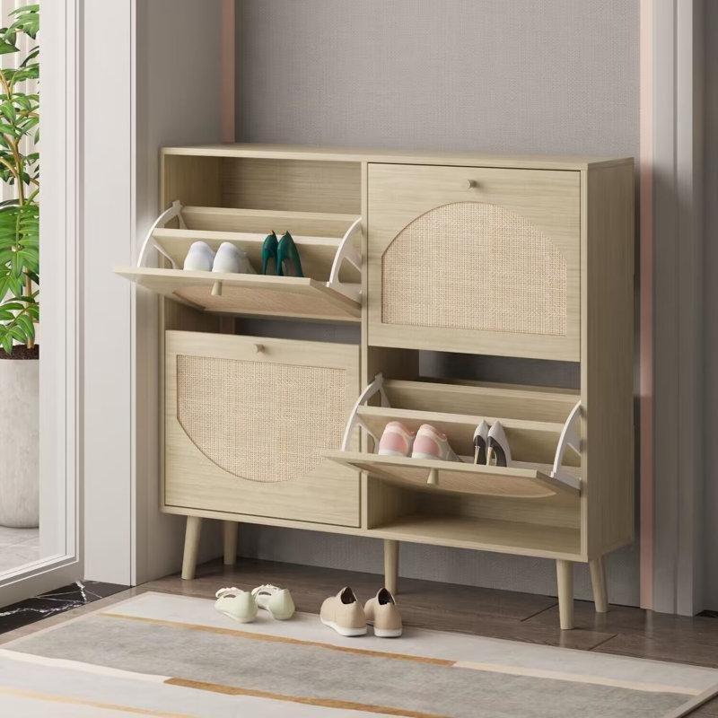 Doğal Rattan ve Ahşap 4 Düşer Kapaklı Ayarlanabilir Raflı Ayakkabılık - 105x24x98 cm - 229835