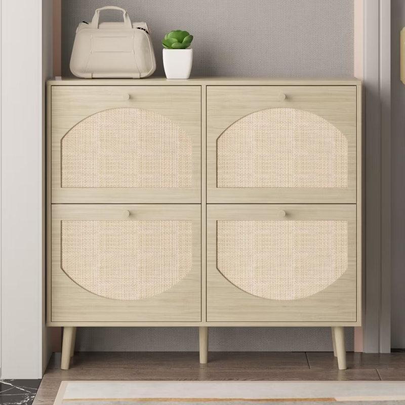 Doğal Rattan ve Ahşap 4 Düşer Kapaklı Ayarlanabilir Raflı Ayakkabılık - 105x24x98 cm - 229835