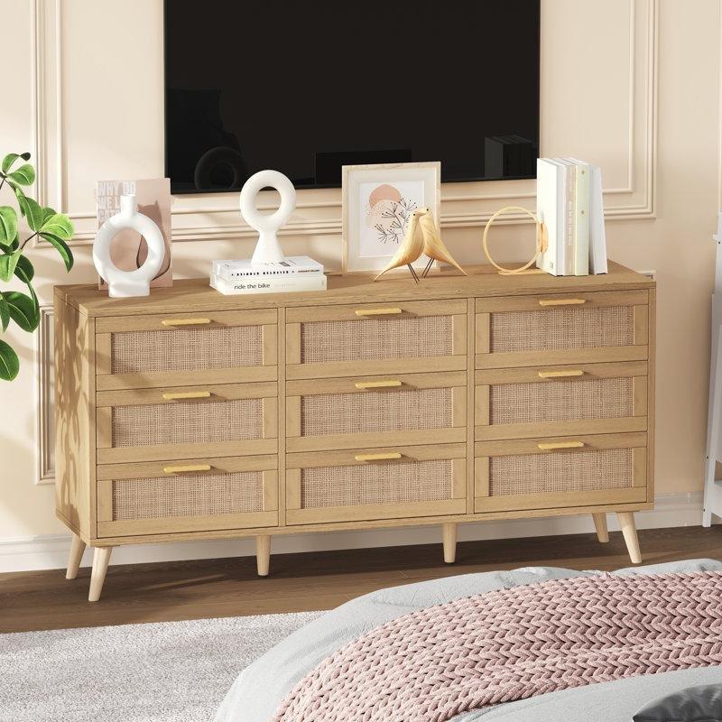 Doğal Rattan ve Ahşap 9 Çekmeceli Metal Kulplu Bohem Yatak Odası Şifonyeri - 151x75 cm - 182034
