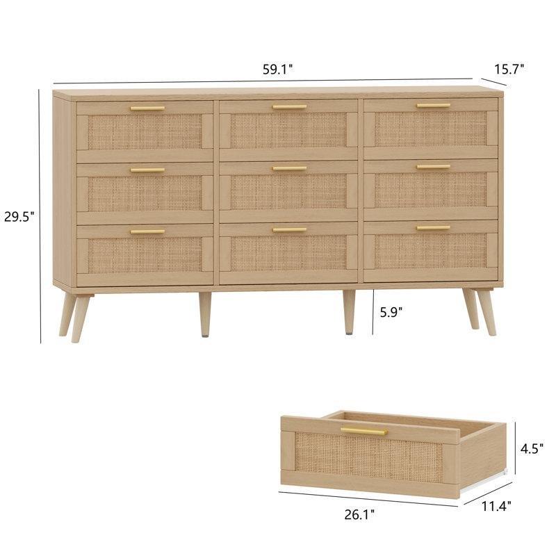 Doğal Rattan ve Ahşap 9 Çekmeceli Metal Kulplu Bohem Yatak Odası Şifonyeri - 151x75 cm - 182034