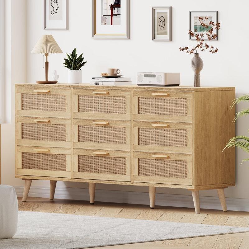 Doğal Rattan ve Ahşap 9 Çekmeceli Metal Kulplu Bohem Yatak Odası Şifonyeri - 151x75 cm - 182034