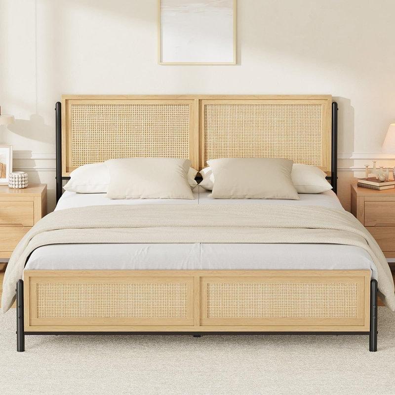 Doğal Rattan ve Ahşap El Örgüsü Başlıklı Bohem Karyola - King Size - 182085
