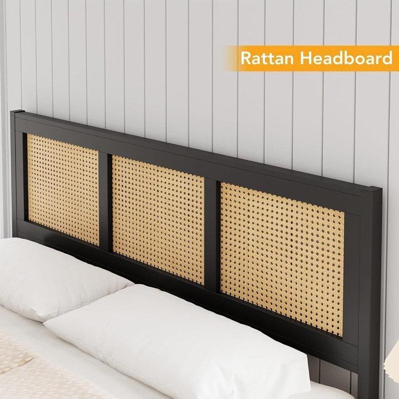 Doğal Rattan ve Metal Latalı Yatak Altı Depolama Alanlı Bohem Karyola - 141x199 cm - 181785