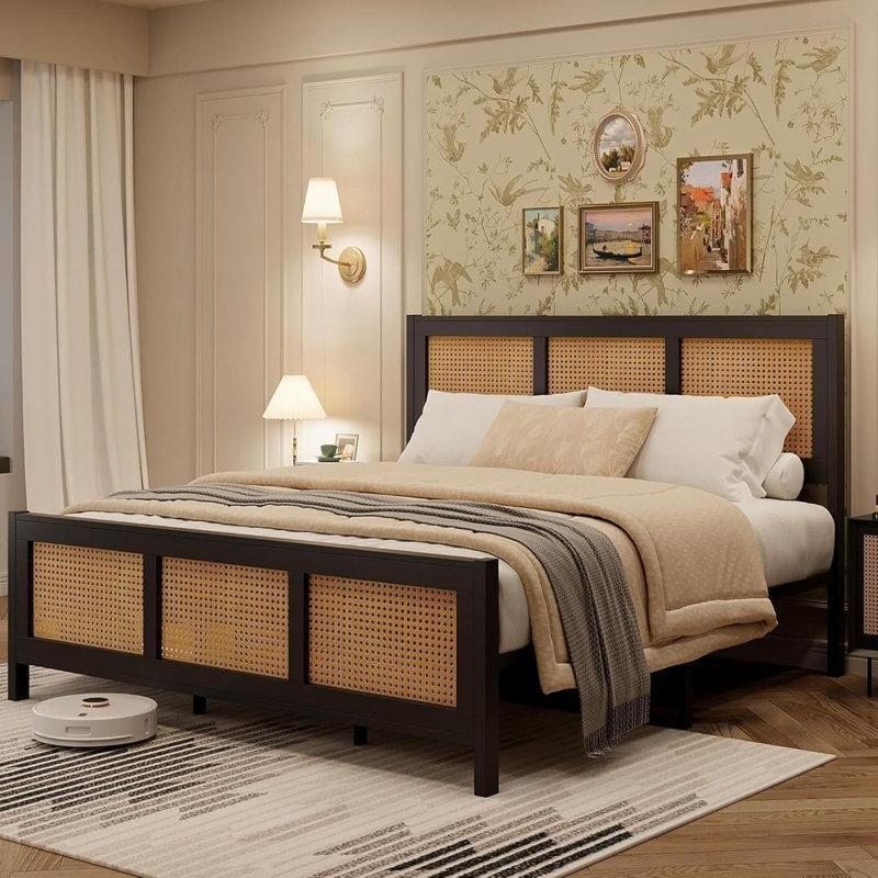 Doğal Rattan ve Metal Latalı Yatak Altı Depolama Alanlı Bohem Karyola - 141x199 cm - 181785