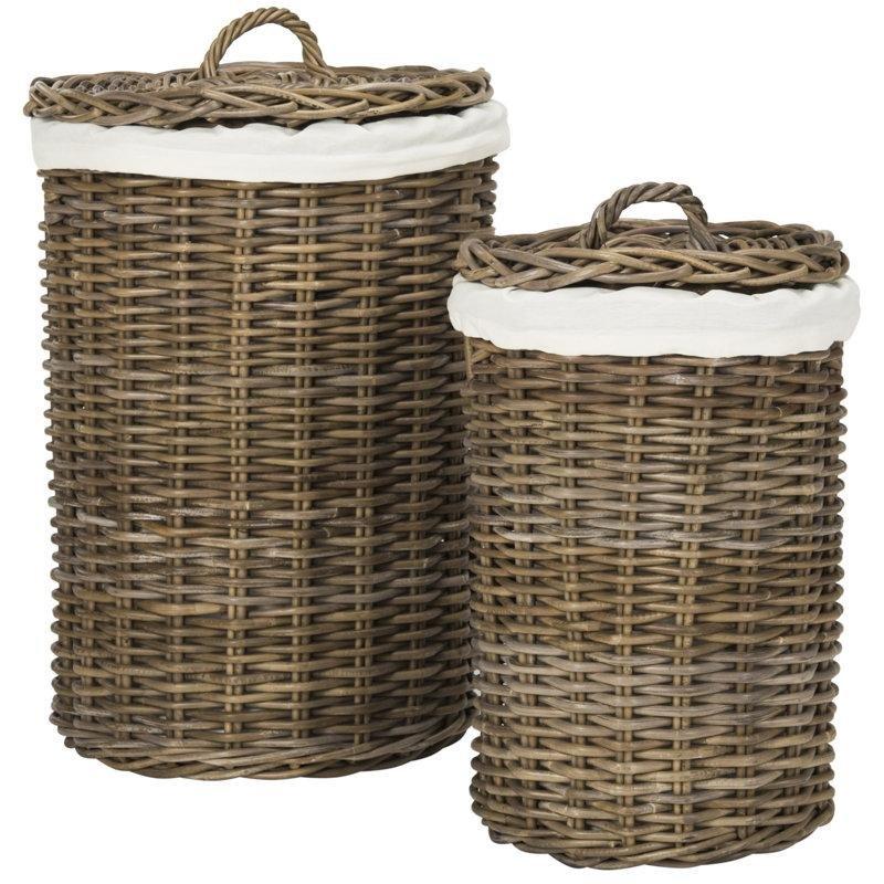 Doğal Rattan Yuvarlak Kapaklı Çıkarılabilir Astarlı 2li Çamaşır Sepeti Seti - 187565