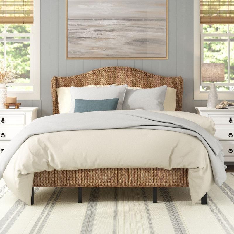 Doğal Renk Hasır Rattan Örgülü Yatak Başlıklı Bohem Karyola - 159x220 cm - 181764