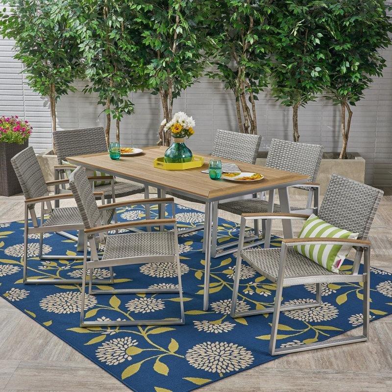 Doğal Renk Hasır ve Ahşap 6 Kişilik Dikdörtgen Bahçe Masa Takımı - 161x91 cm - 213413