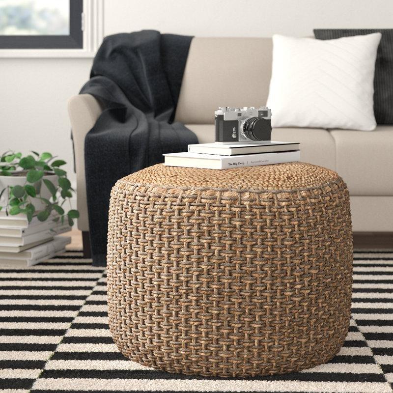 Doğal Renk Jüt ve Pamuk Geometrik Desenli Yuvarlak Puf - 61x41 cm - 164830