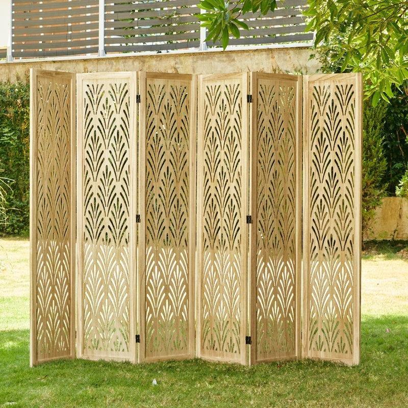 Doğal Renk Masif Ahşap ve MDF Oymalı 6 Panelli Katlanır Paravan - 170 cm - 184728