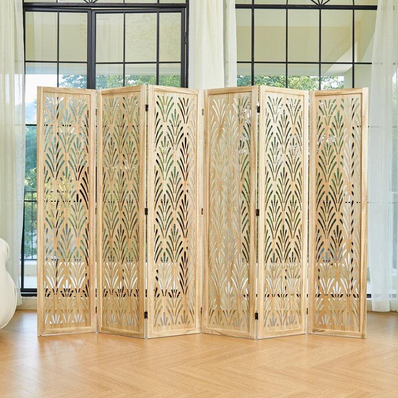 Doğal Renk Masif Ahşap ve MDF Oymalı 6 Panelli Katlanır Paravan - 170 cm - 184728