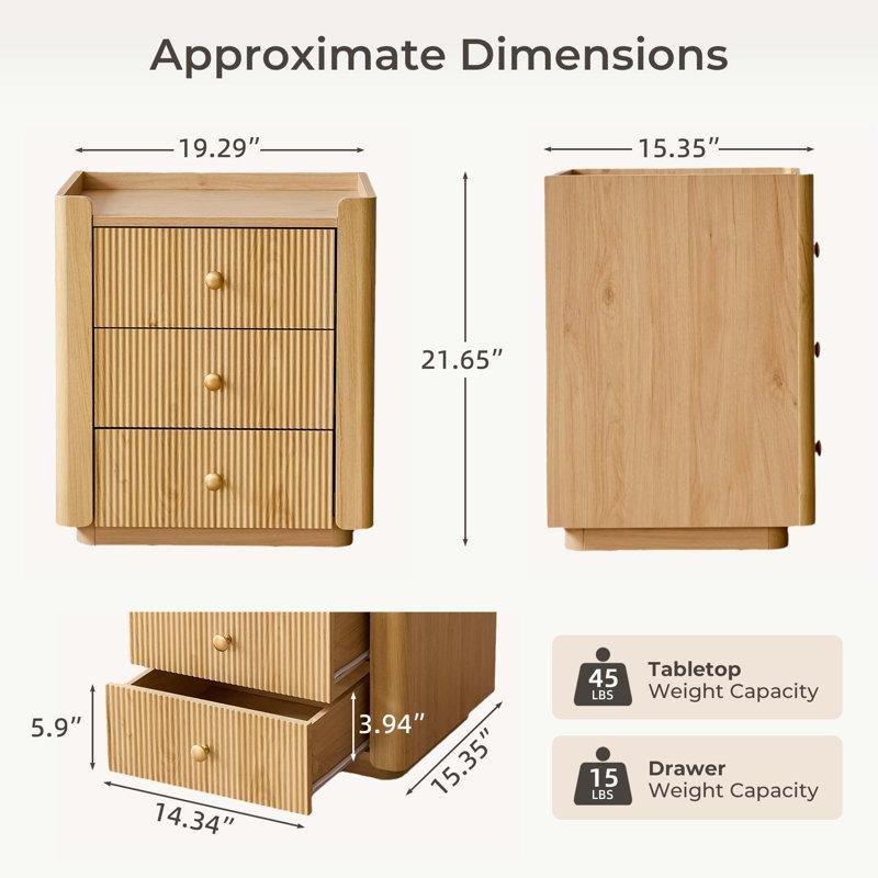 Doğal Renk Masif Ahşap ve MDF Yivli Üç Çekmeceli Komodin - 49 cm - 223957