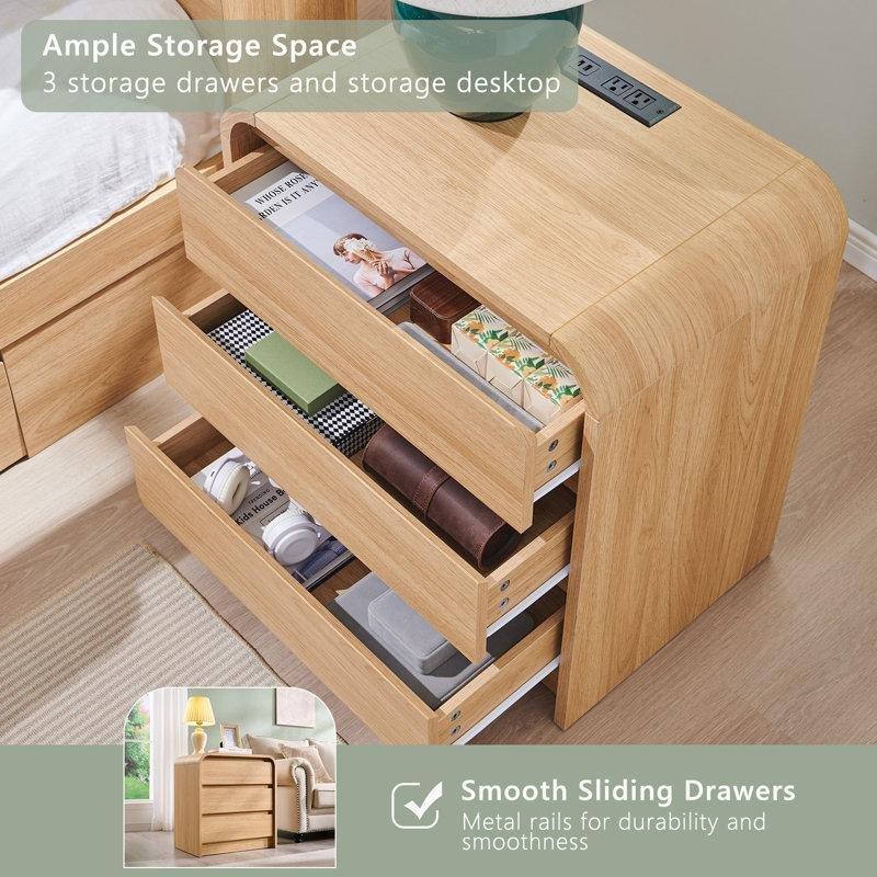 Doğal Renk MDF Prizli ve USBli Üç Çekmeceli Kavisli Komodin - 60 cm - 223872