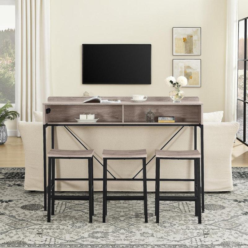 Doğal Renk MDF ve Siyah Metal Prizli LED Işıklı 3 Tabureli Koltuk Arkası Dresuar - 150 cm - 217367