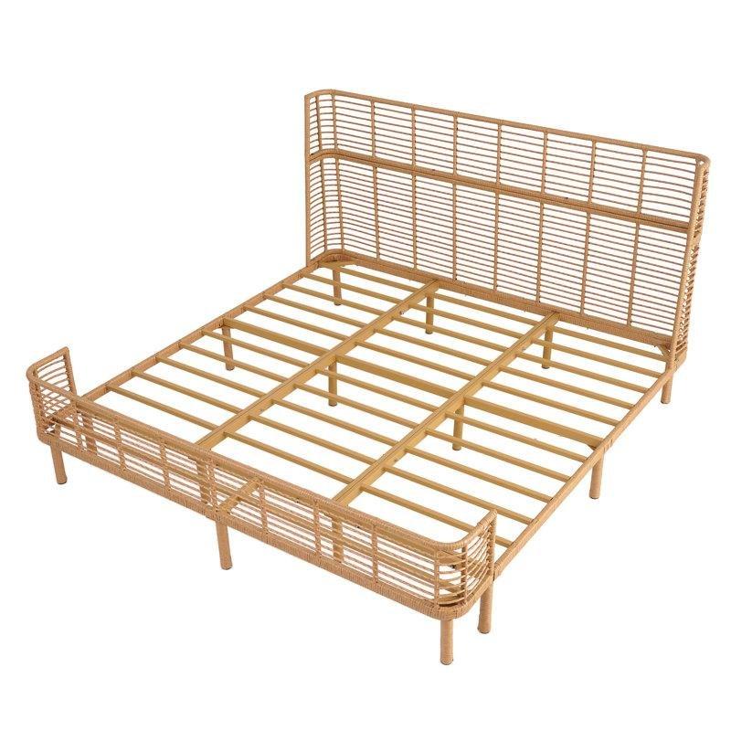 Doğal Renk PE Rattan ve Metal Kulaklı Başlıklı Bohem Karyola - 201 cm - 181918