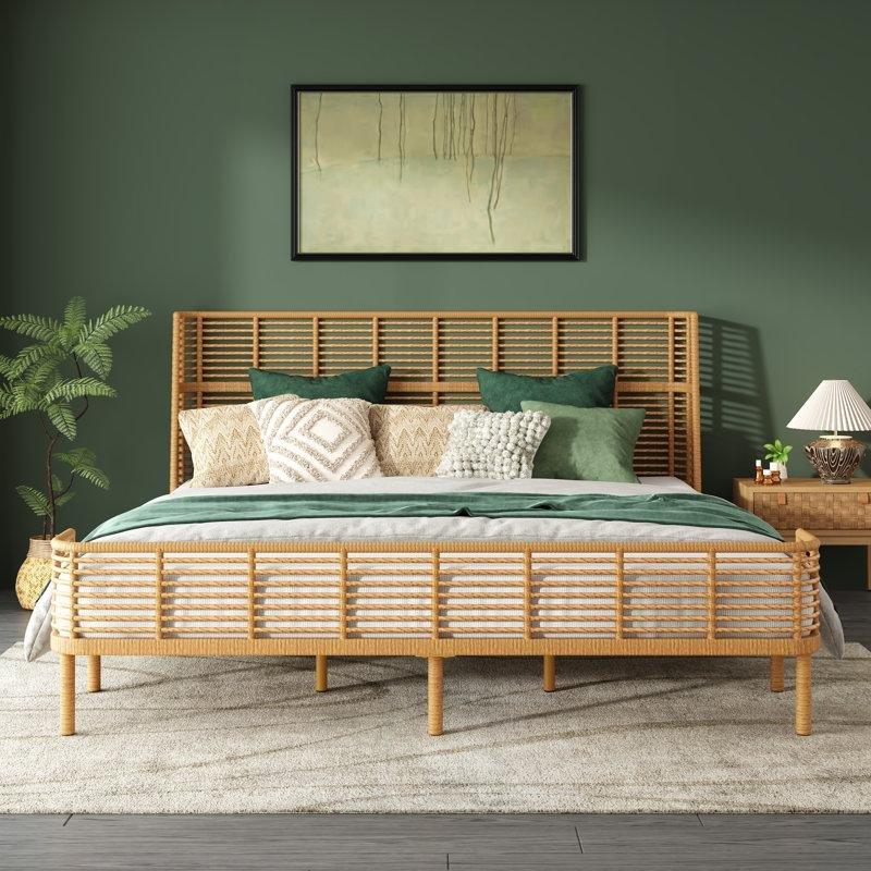 Doğal Renk PE Rattan ve Metal Kulaklı Başlıklı Bohem Karyola - 201 cm - 181918