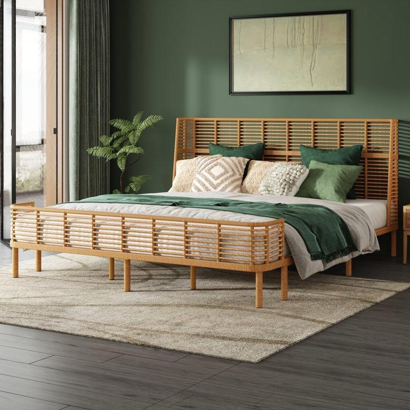 Doğal Renk PE Rattan ve Metal Kulaklı Başlıklı Bohem Karyola - 201 cm - 181918