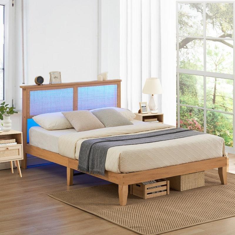 Doğal Renk Rattan LED Aydınlatmalı Ahşap Bohem Karyola 145x202 cm - 182013