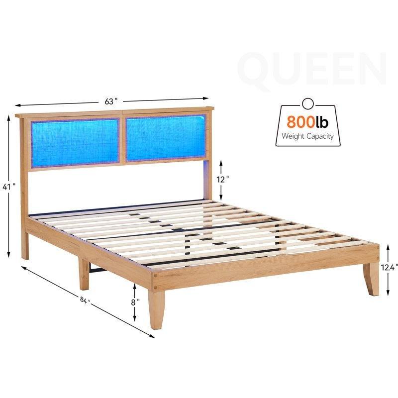 Doğal Renk Rattan LED Aydınlatmalı Ahşap Bohem Karyola 145x202 cm - 182013