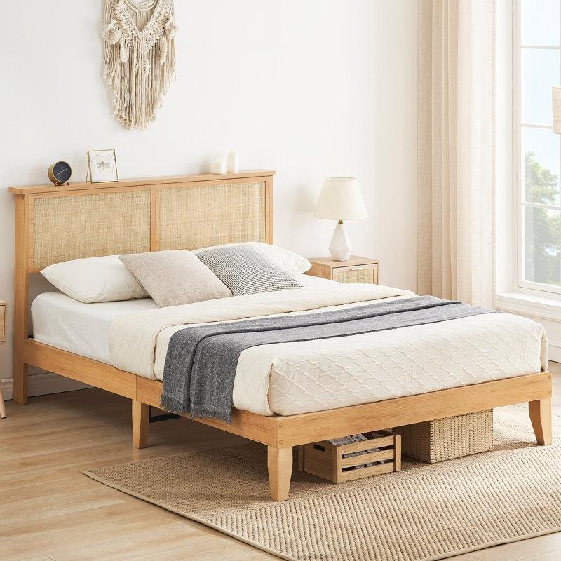 Doğal Renk Rattan LED Aydınlatmalı Ahşap Bohem Karyola 145x202 cm - 182013