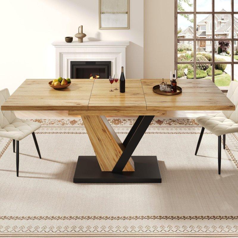 Doğal ve Siyah Metal Ayaklı Açılabilir Bohem Yemek Masası - 120-160 cm - 236256