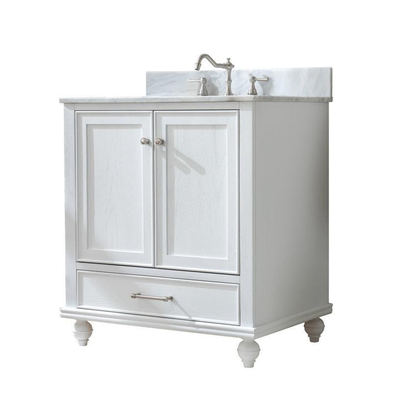 Dokulu Beyaz Masif Ahşap Çekmeceli Ayaklı Taş Tezgahlı Banyo Lavabo Dolabı - 77 cm - 201293