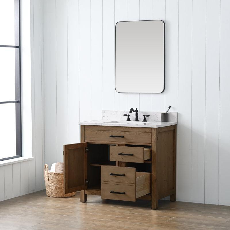 Dokulu Naturel Masif Ahşap Carrara Beyazı Tezgahlı Çekmeceli Banyo Lavabo Dolabı - 92 cm - 201473