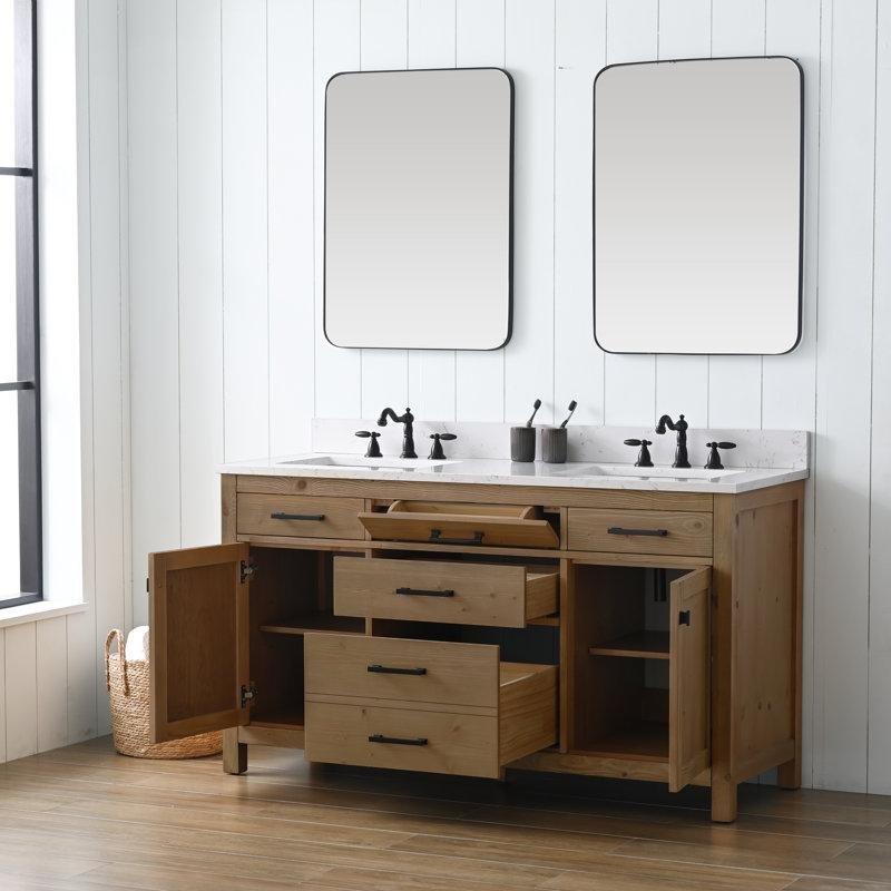 Dokulu Naturel Masif Ahşap Çift Lavabolu ve Çekmeceli Ayaklı Banyo Lavabo Dolabı Carrara Beyazı Taş Tezgahlı - 153 cm - 201607