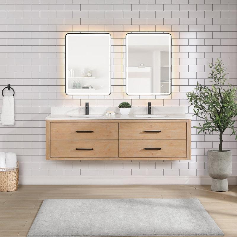 Duvara Monte Masif Ahşap Kuvars Tezgahlı Çekmeceli İkili Banyo Lavabo Dolabı - 183 cm - 199050