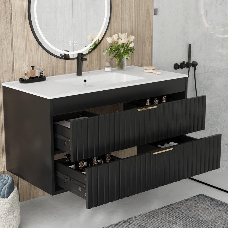 Duvara Monte Yivli Siyah Masif Ahşap ve MDF Banyo Lavabo Dolabı - 92 cm - 197603