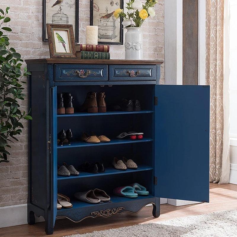 El Oyması Masif Kauçuk Ağacı Çekmeceli Vintage Ayakkabılık - 100x39x120 cm - 227542