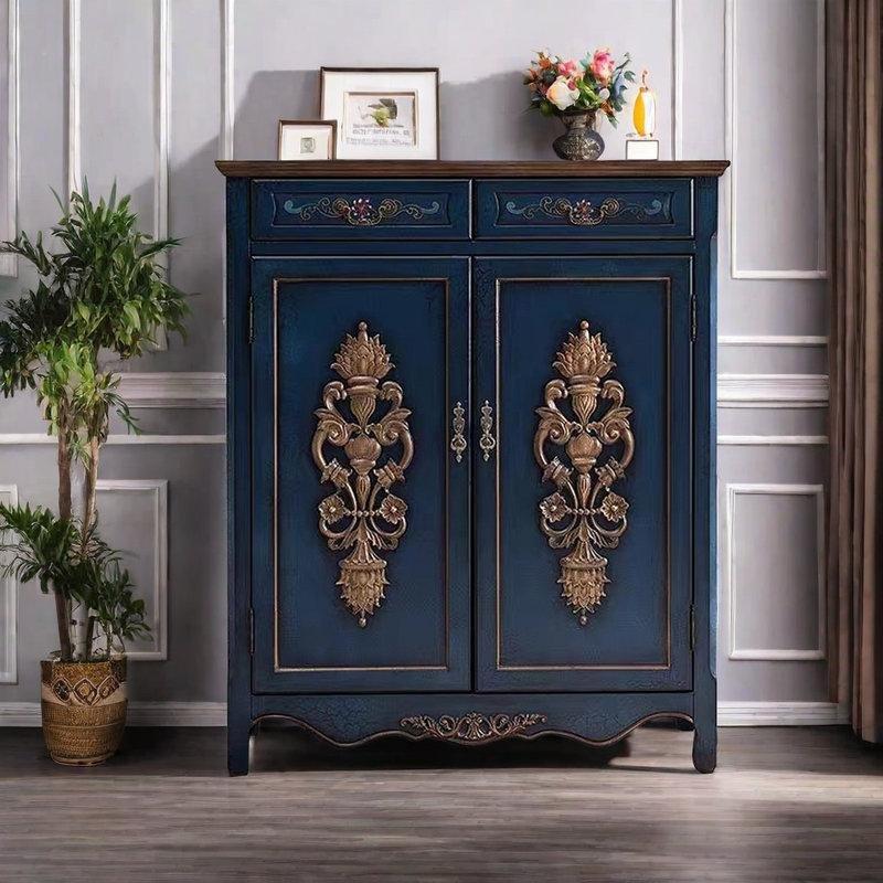 El Oyması Masif Kauçuk Ağacı Çekmeceli Vintage Ayakkabılık - 100x39x120 cm - 227542