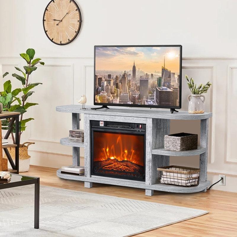 Elektrikli Şömineli Açık Raflı Ahşap TV Ünitesi - 122 cm - 221760