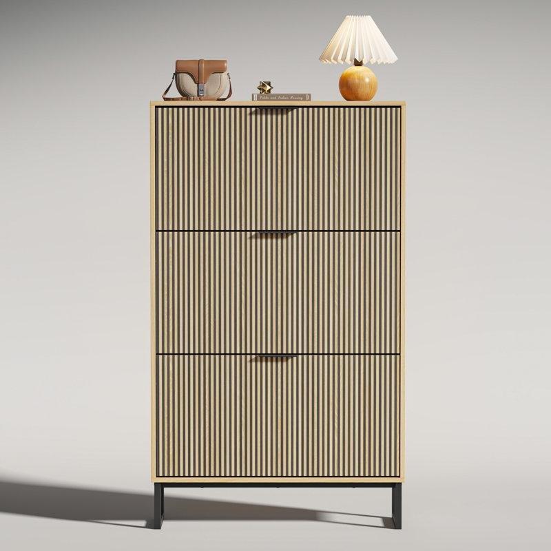 Endüstriyel Ahşap 3 Düşer Kapaklı Gold Kulplu Ayakkabılık - 81x24x135 cm - 227367
