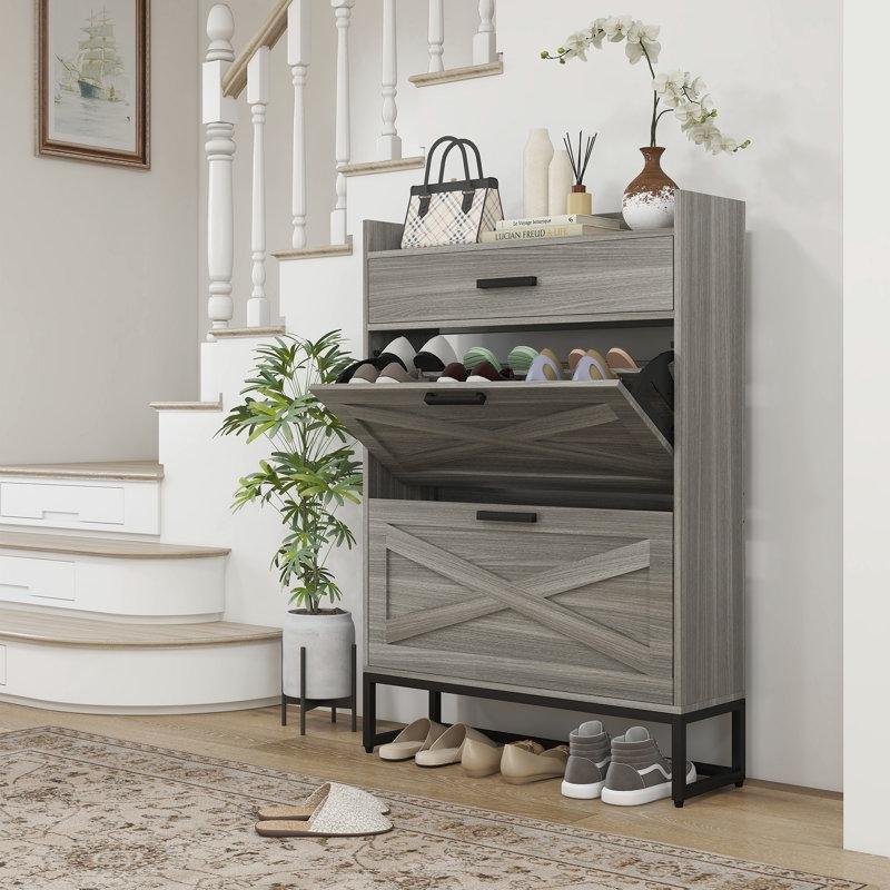 Endüstriyel Ahşap ve Metal Çekmeceli Düşer Kapaklı Ayakkabılık - 80x24x115 cm - 228281