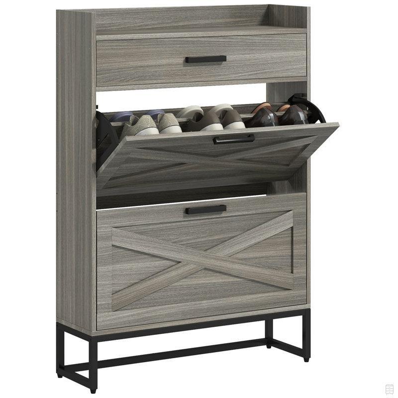 Endüstriyel Ahşap ve Metal Çekmeceli Düşer Kapaklı Ayakkabılık - 80x24x115 cm - 228281
