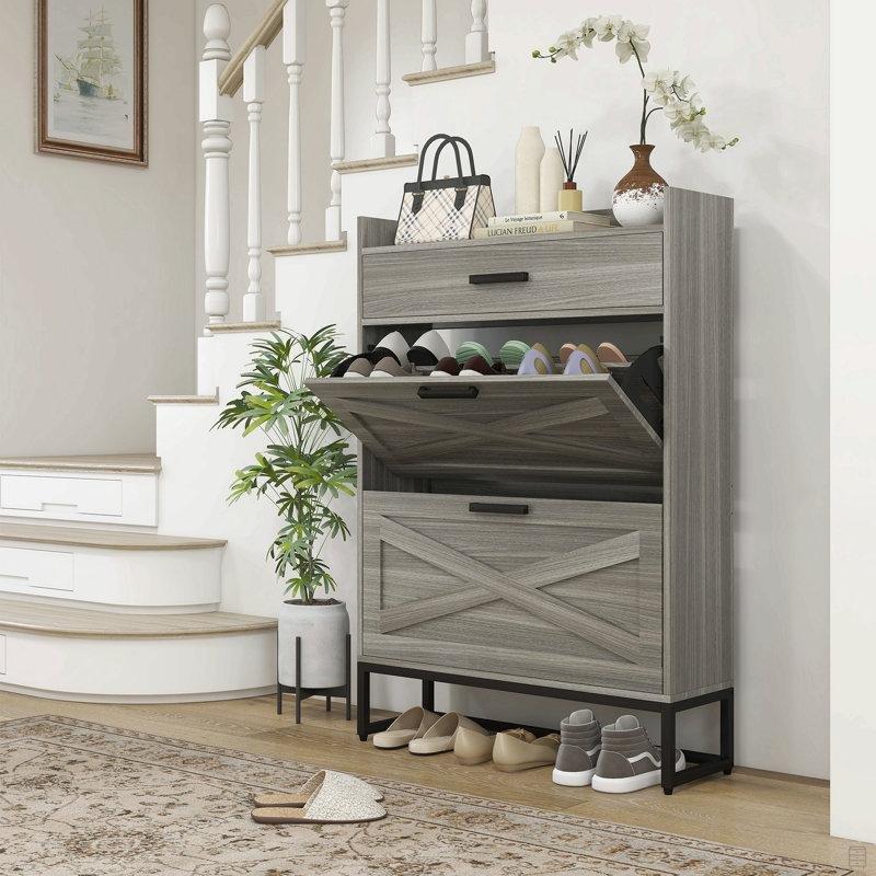 Endüstriyel Ahşap ve Metal Çekmeceli Düşer Kapaklı Ayakkabılık - 80x24x115 cm - 228281