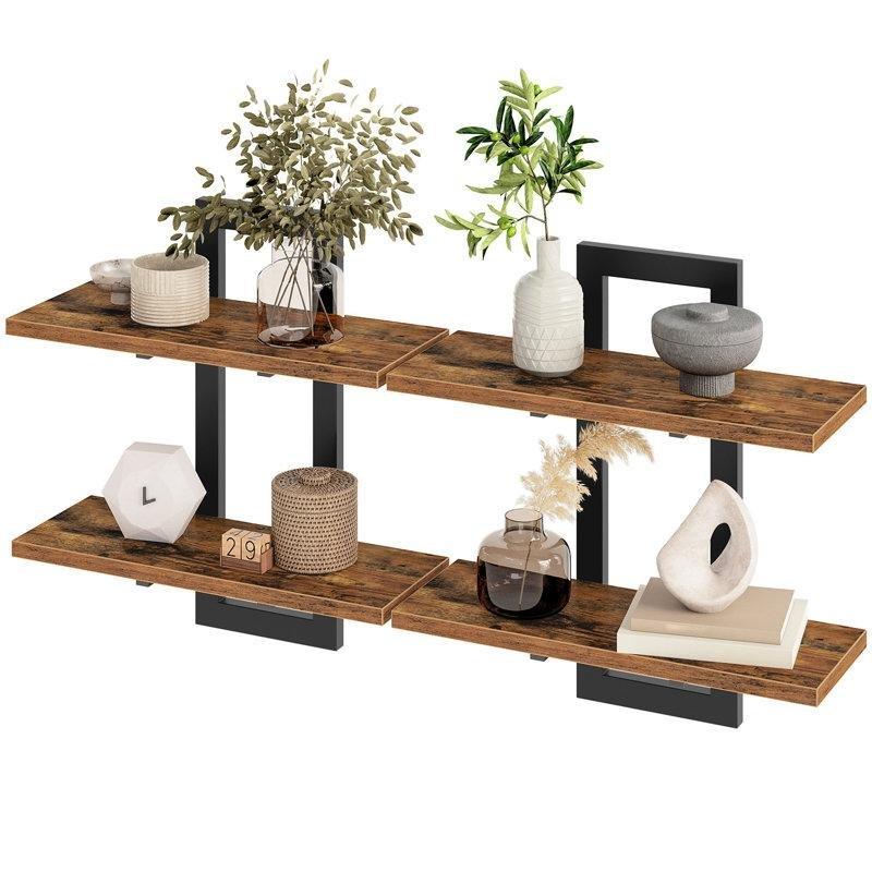 Endüstriyel Ahşap ve Metal Çift Katlı İkili Duvar Rafı Seti - 40x39x14 cm - 179498