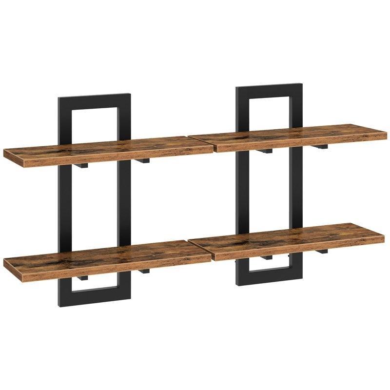 Endüstriyel Ahşap ve Metal Çift Katlı İkili Duvar Rafı Seti - 40x39x14 cm - 179498
