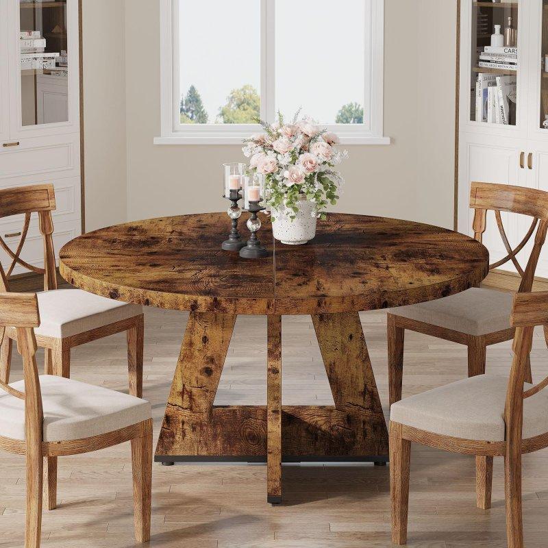 Endüstriyel Ahşap Yuvarlak 6 Kişilik Kaide Ayaklı Bohem Yemek Masası - 120 cm - 237305