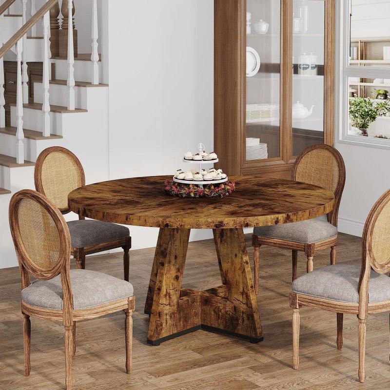 Endüstriyel Ahşap Yuvarlak 6 Kişilik Kaide Ayaklı Bohem Yemek Masası - 120 cm - 237305