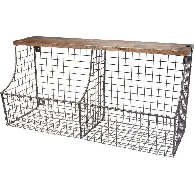 Endüstriyel Gri Metal ve Ahşap Sepetli Çift Bölmeli Duvar Rafı - 56x28 cm - 179434