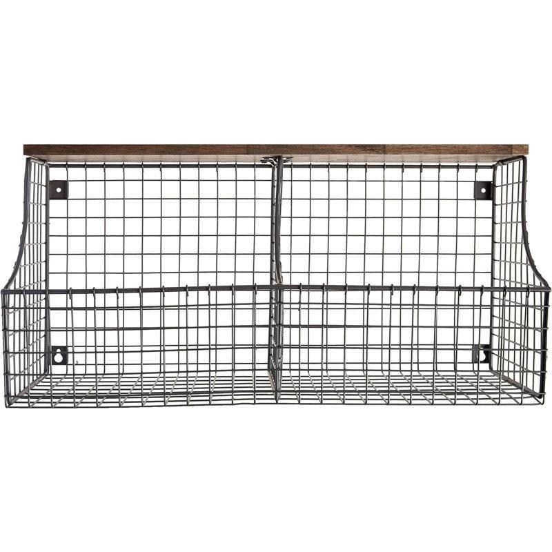 Endüstriyel Gri Metal ve Ahşap Sepetli Çift Bölmeli Duvar Rafı - 56x28 cm - 179434